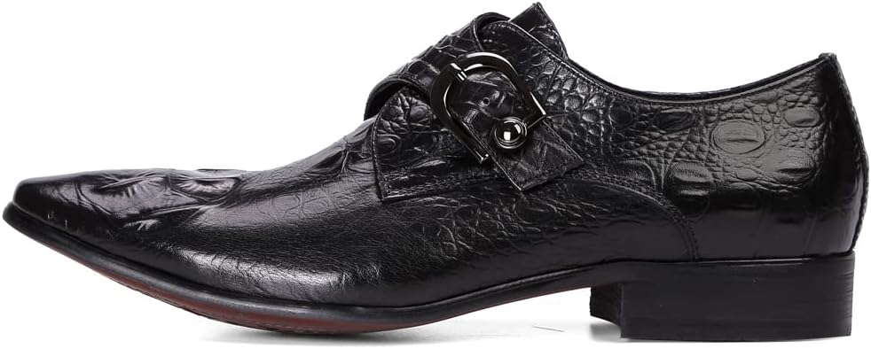 Mocassins Formels Affaires pour Hommes Chaussures Monk Gaufré en Cuir Véritable à Bout Pointu Chaussures à Enfiler Habillées Boucles 46 EU Noir