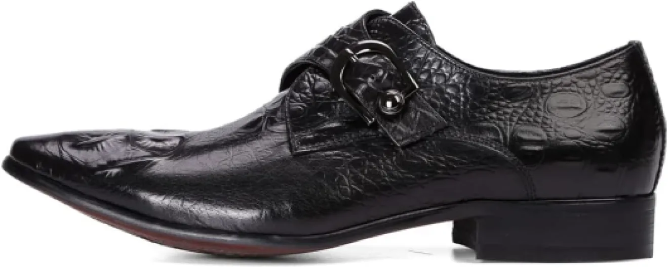 Mocassins Formels Affaires pour Hommes Chaussures Monk Gaufré en Cuir Véritable à Bout Pointu Chaussures à Enfiler Habillées Boucles 46 EU Noir